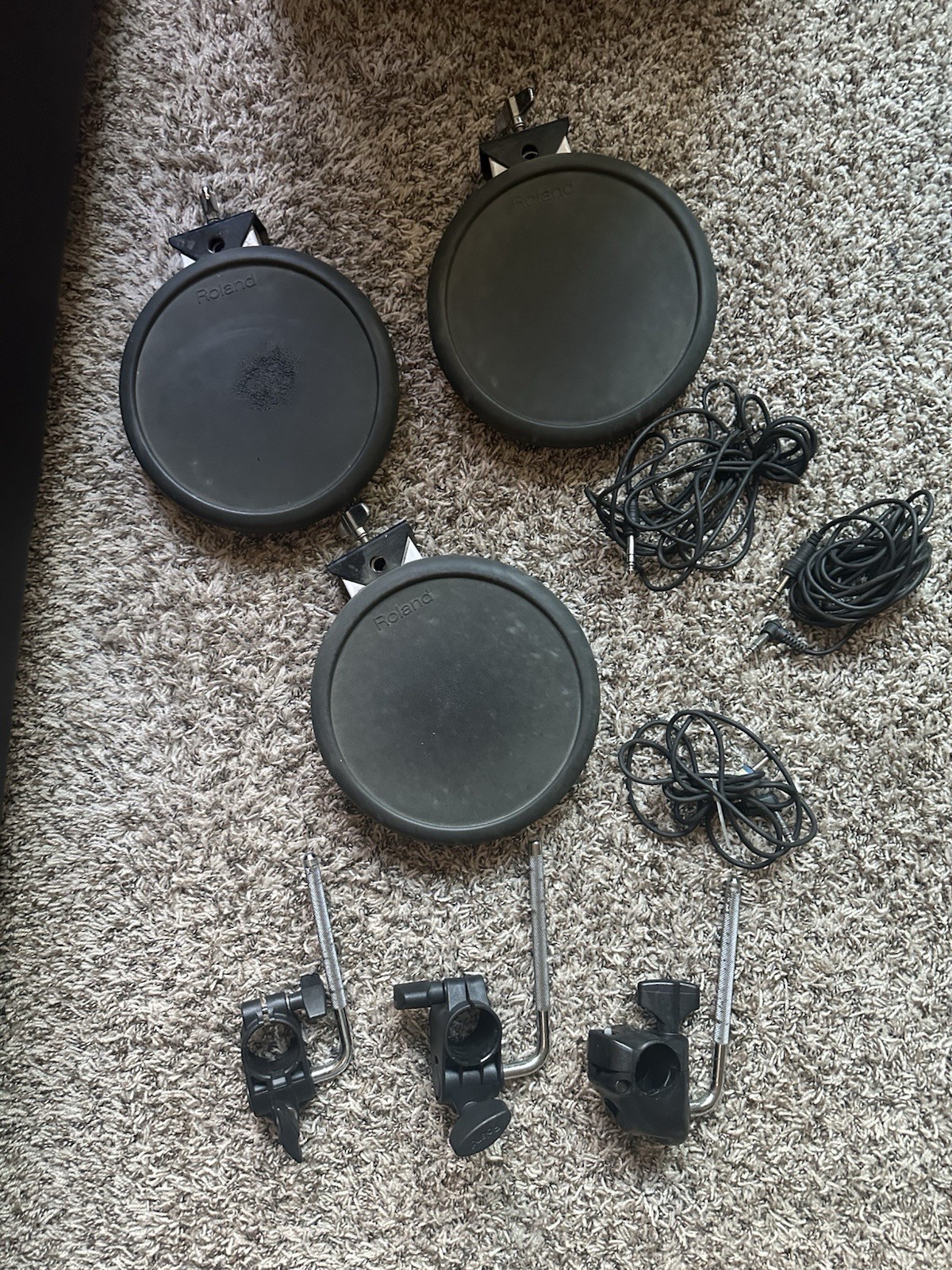 Roland PD-8 Dual Trigger Rubber Drum Pads – Lot of 3 + Mounts & Cables