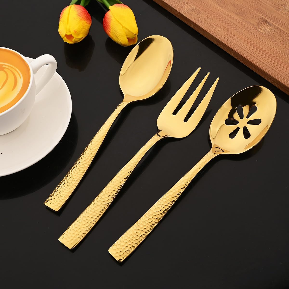 5-Piece Gold Hammered Flatware Hostess Set Stainless Steel Serving Fork Slotted