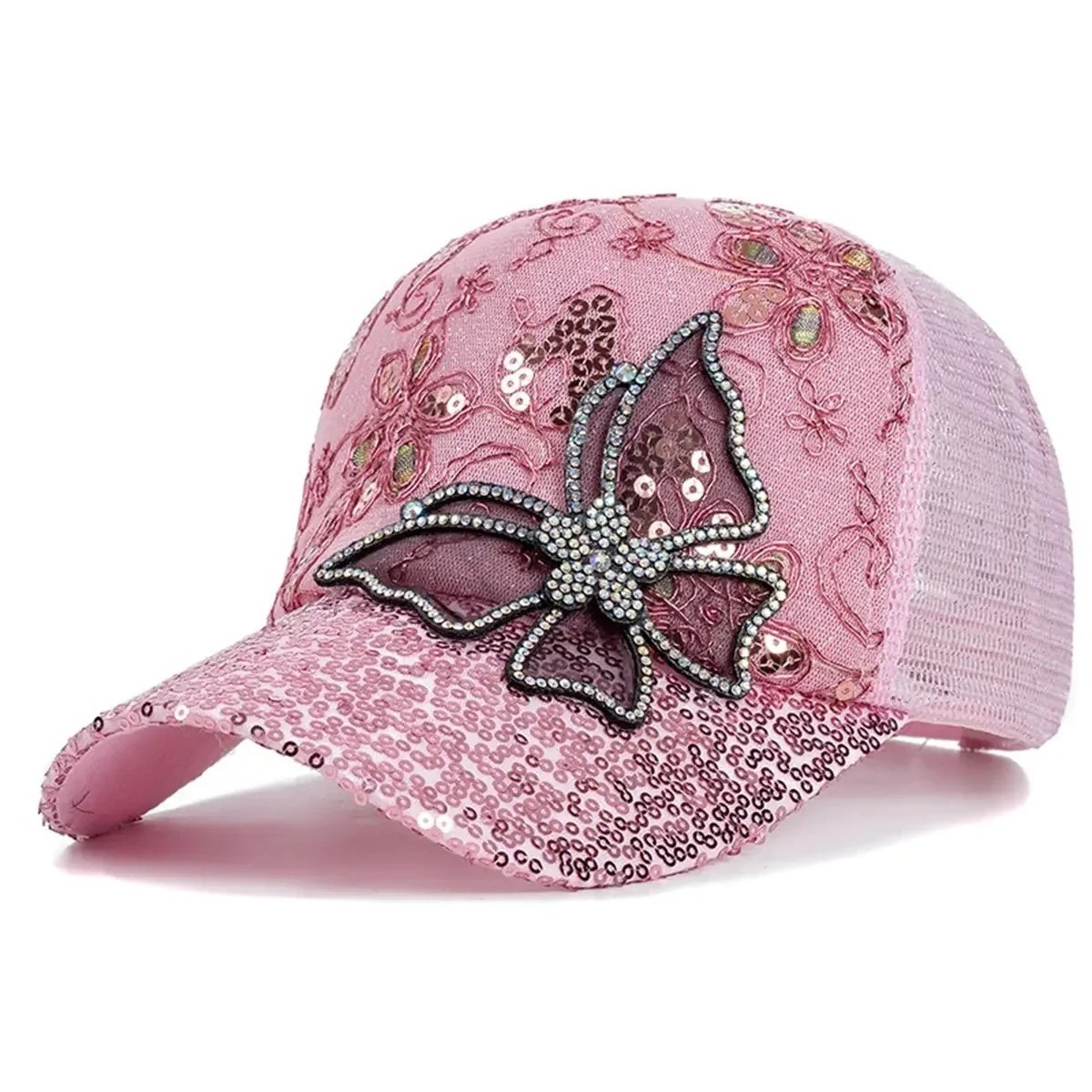 Butterfly Lace Glitter Mesh Baseball Cap Unisex Adjustable Spring Summer Hat