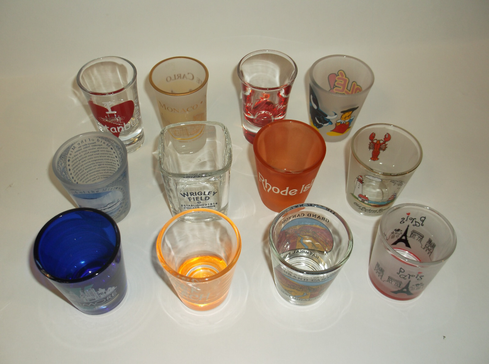 LOT OF 12 DIFFERENT SHOT GLASSES - PARIS, WRIGLEY FIELD, ISTANBUL- FREE SHIPPING
