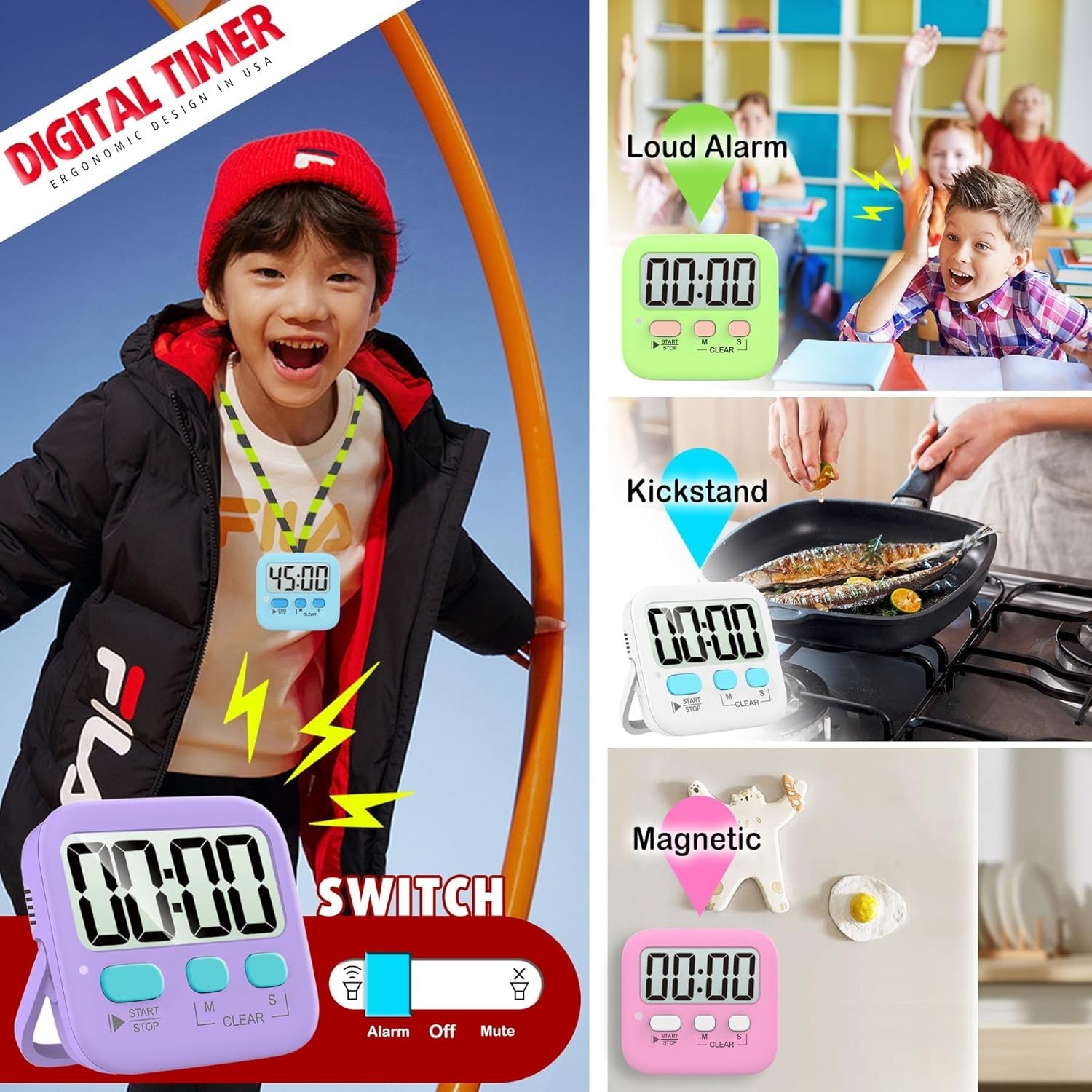 Digital Timer for Kids Kitchen Classroom Study Exercise Two Pack Purple