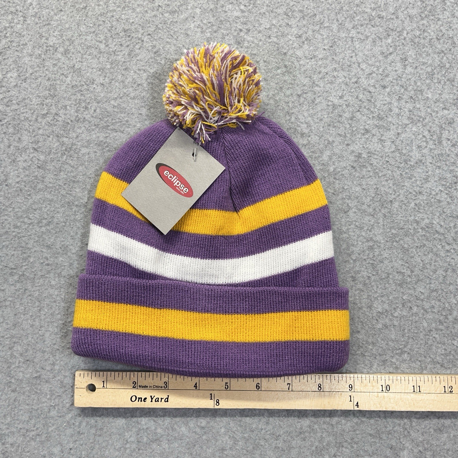 NWT Eclipse Lined Adult One Size Beanie Purple Yellow White Striped Pom NEW