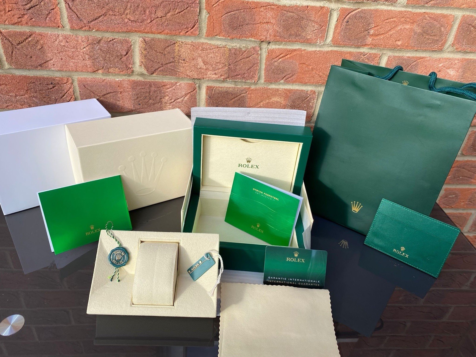 Rolex Single Watch Presentation Box Set Inner/Outer Boxes Bag Papers Green/Beige