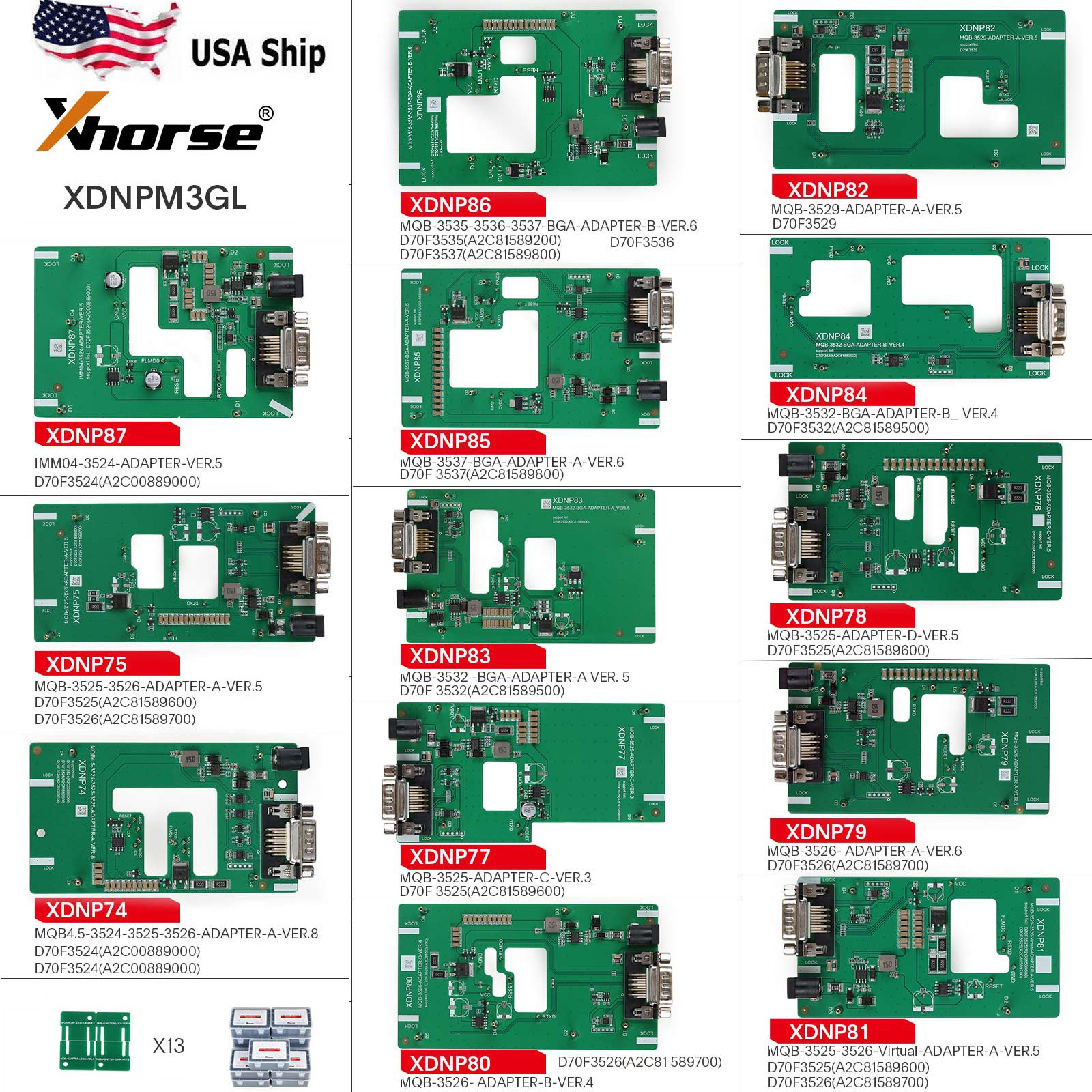 Xhorse MQB48 13 Full Set Adapters XDNPM3GL Used for Muti-PROG/VVDI PROG