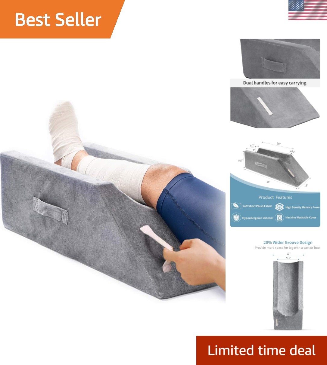 Memory Foam Leg Support and Elevation Pillow w/Dual Handles for Surgery, Inju...