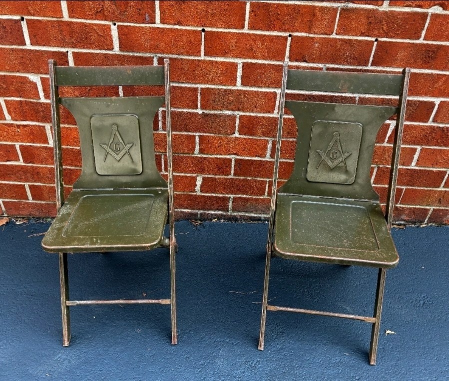 A Pair of Rare Freemasons 1920s Maple City Stamping Metal Chairs Original Paint