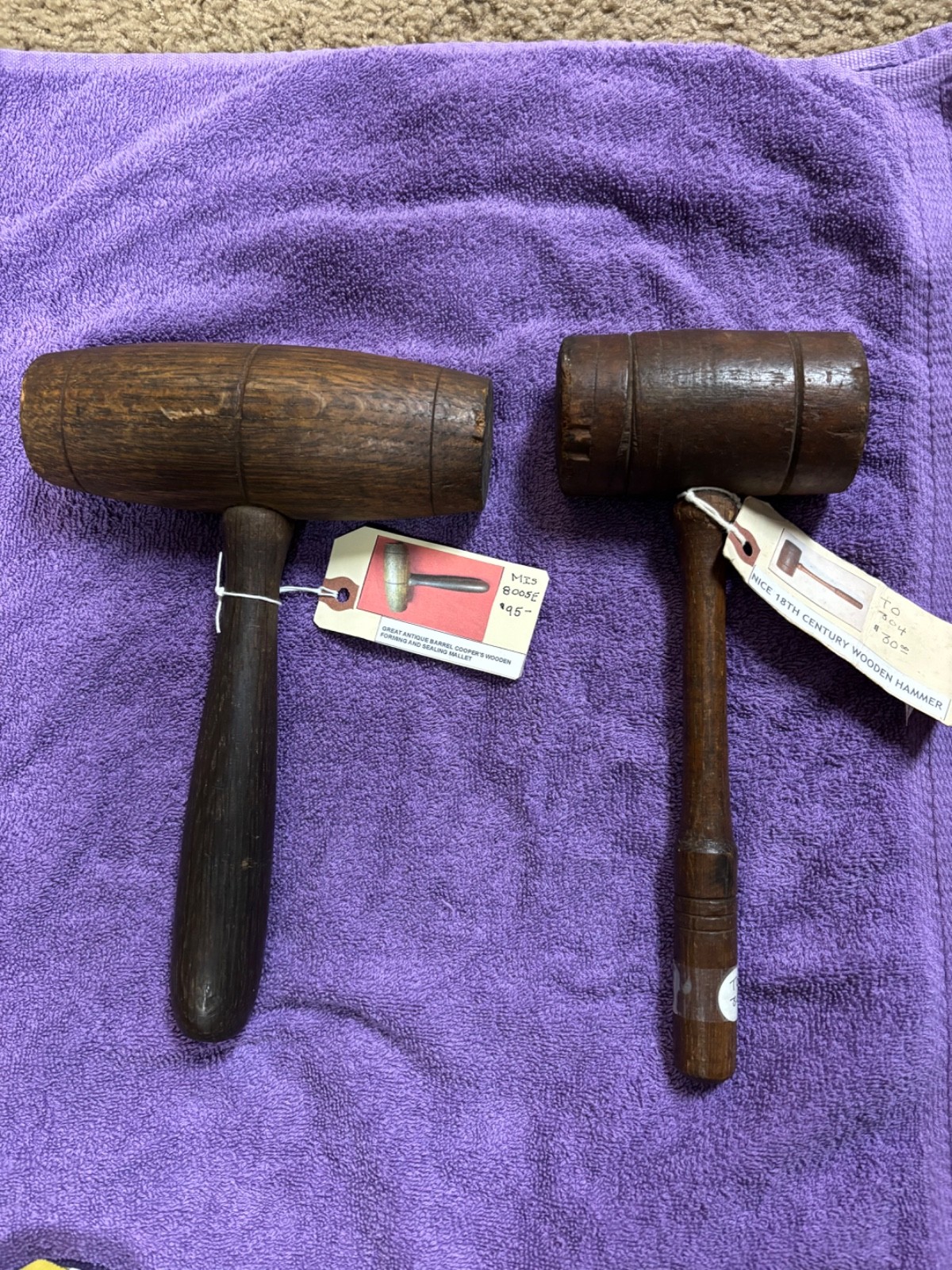 TWO Amazing Antique Barrel Coopers Mallet Wood 7” + 4.3” head wood hammer tools