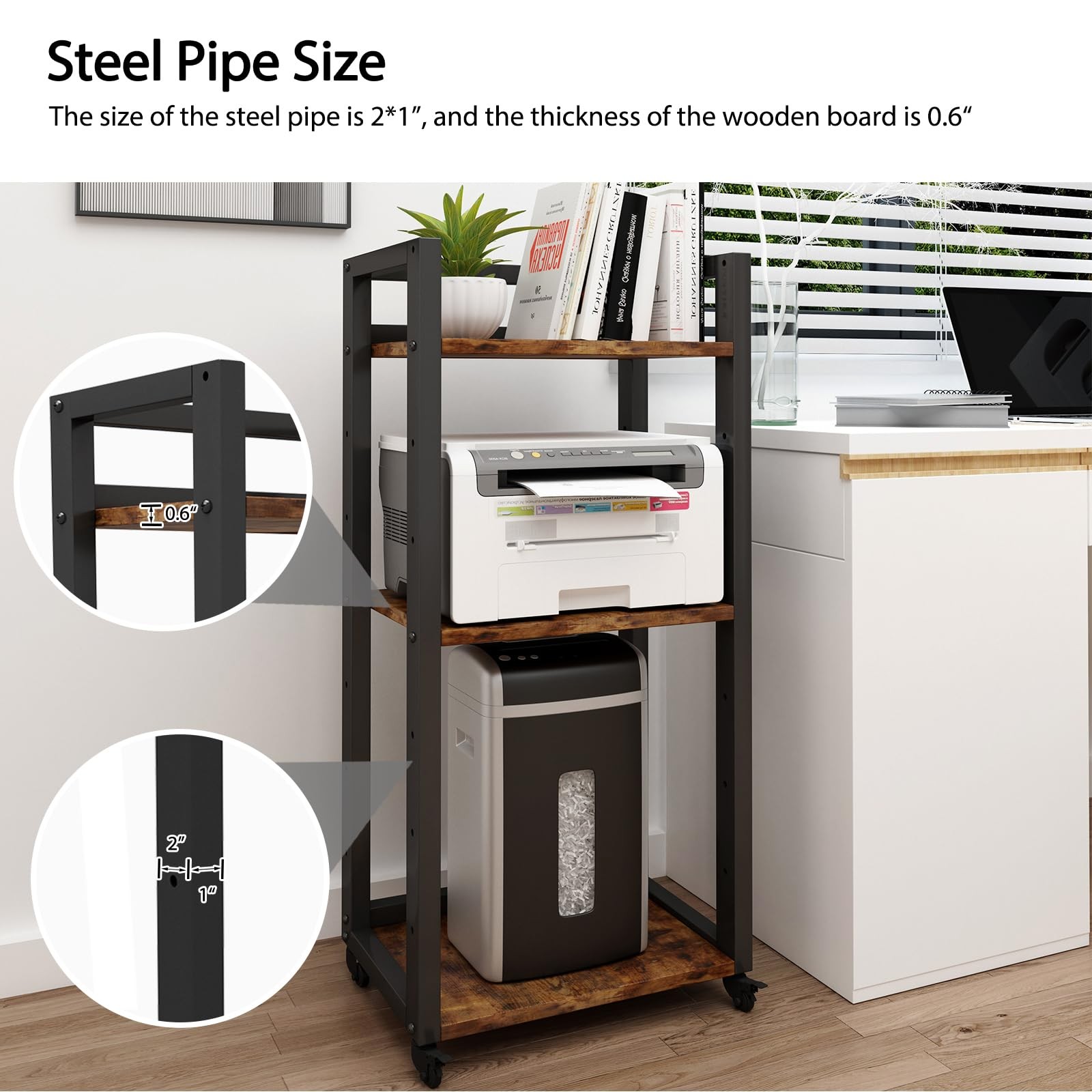 Natwind 3-Tier Movable Printer Stand with Storage Rolling Floor-Standing Desksid