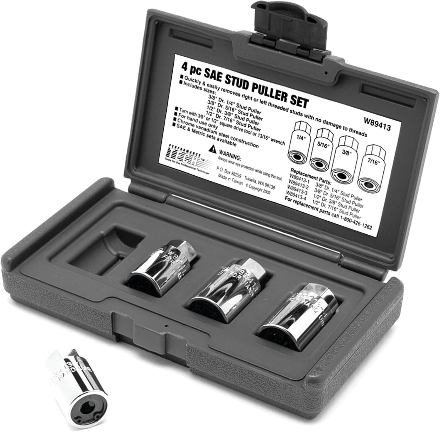 Performance Tool W89413, 1/4-7/16 Inch SAE Stud Remover Kit