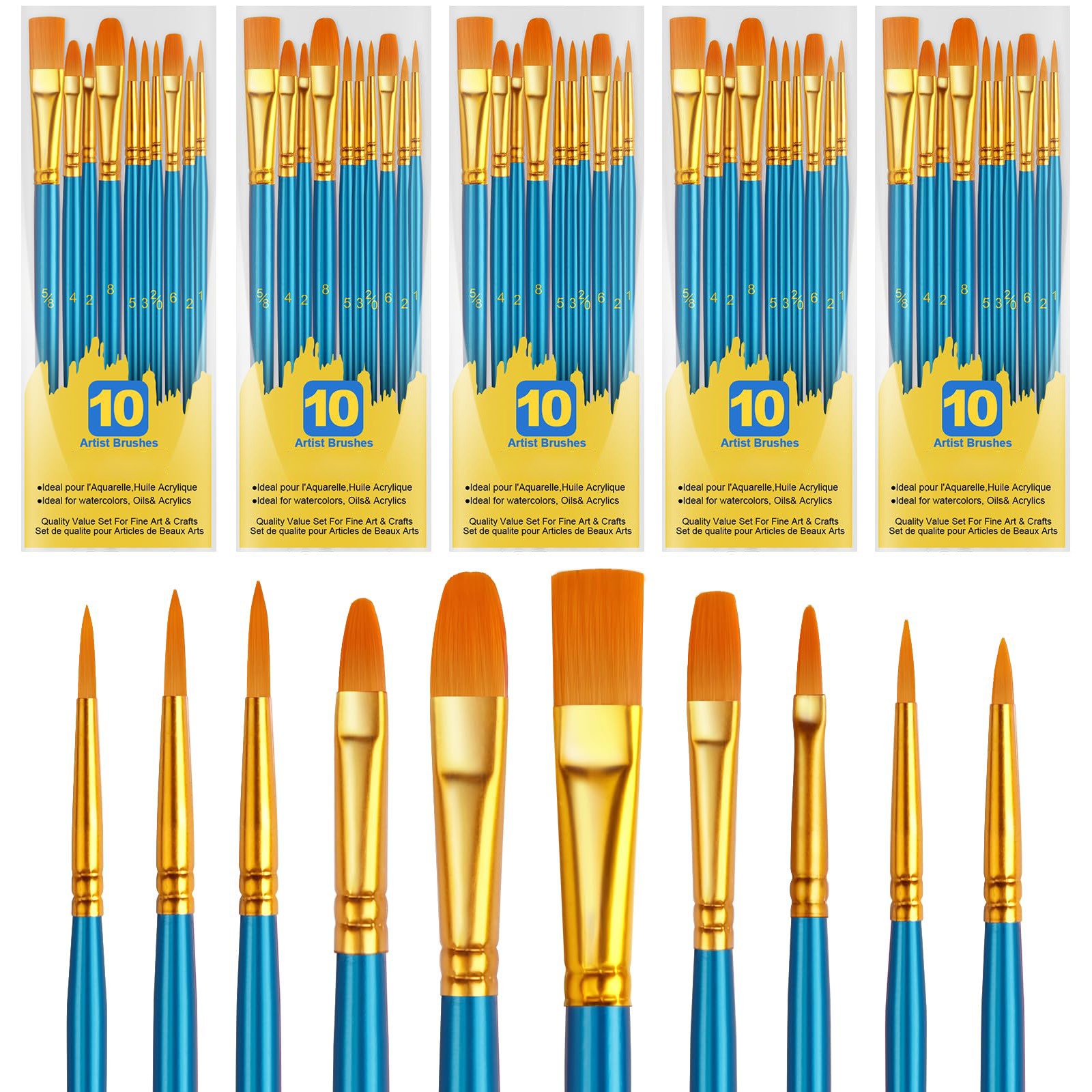 Artist Paintbrushes Set 50Pcs, Acrylic Oil Watercolor Rock Face Nail, Blue