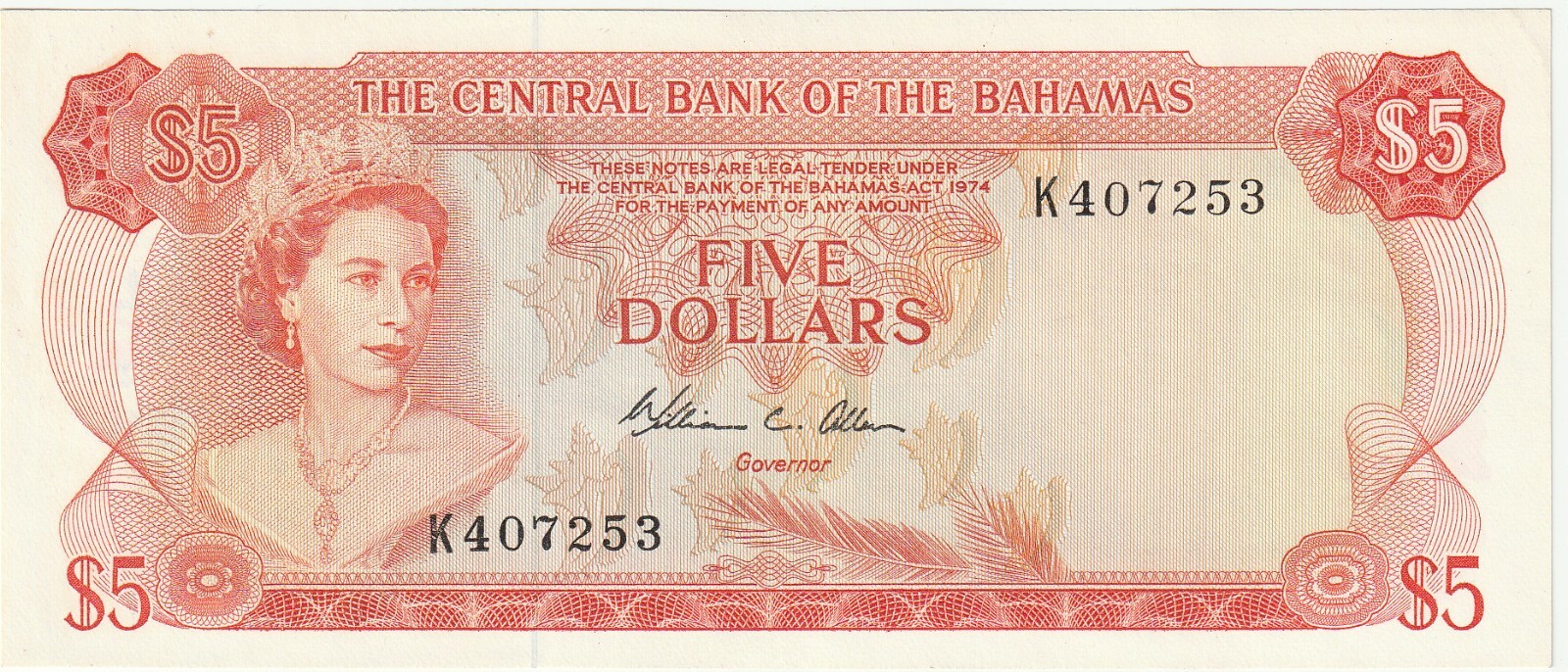 Bahamas Islands $5 Dollars Banknote 1974 Nice Choice About Uncirculated P#37-B