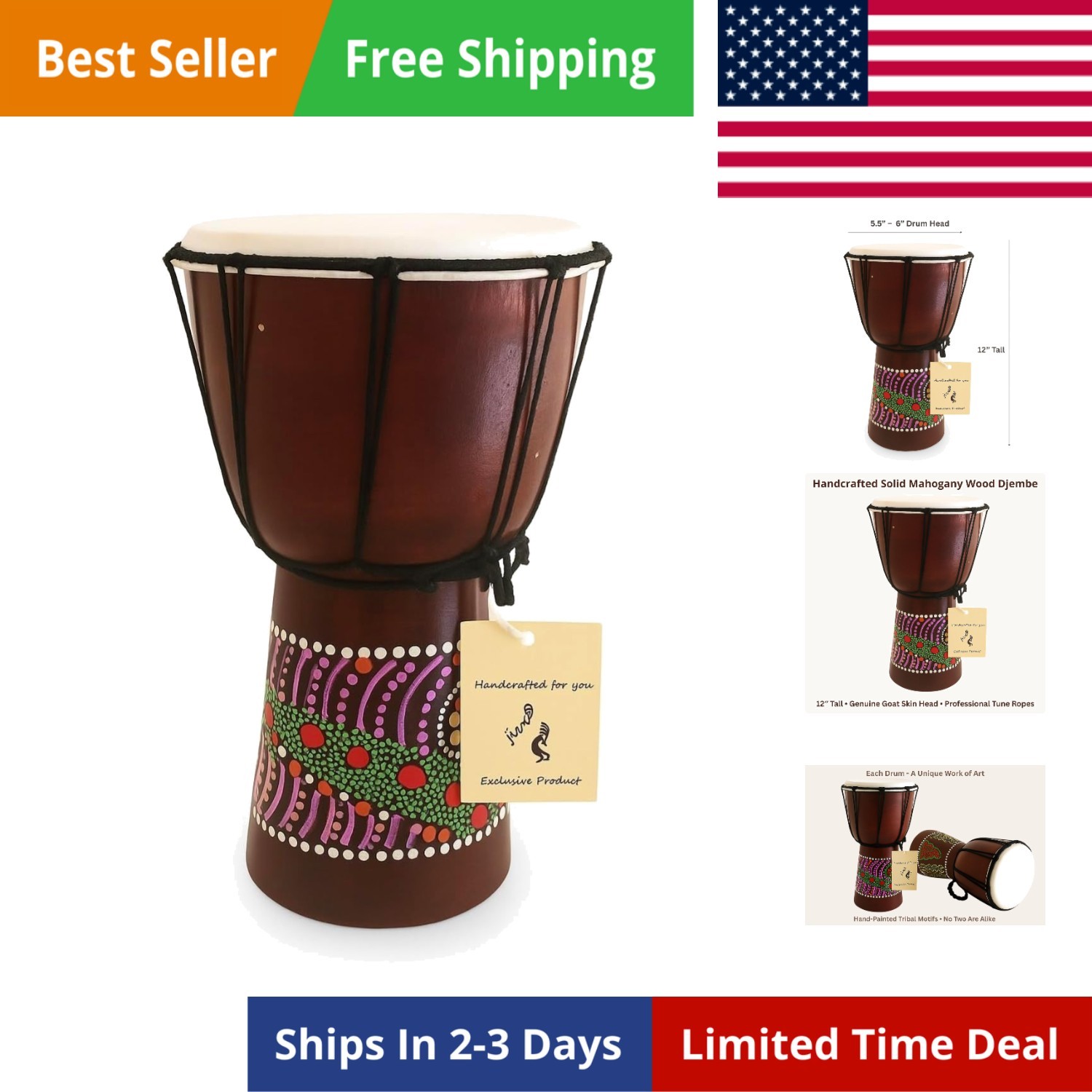 Djembe Drum – Hand Carved African Drum, Bongo Congo Style – Solid Mahogany wi...