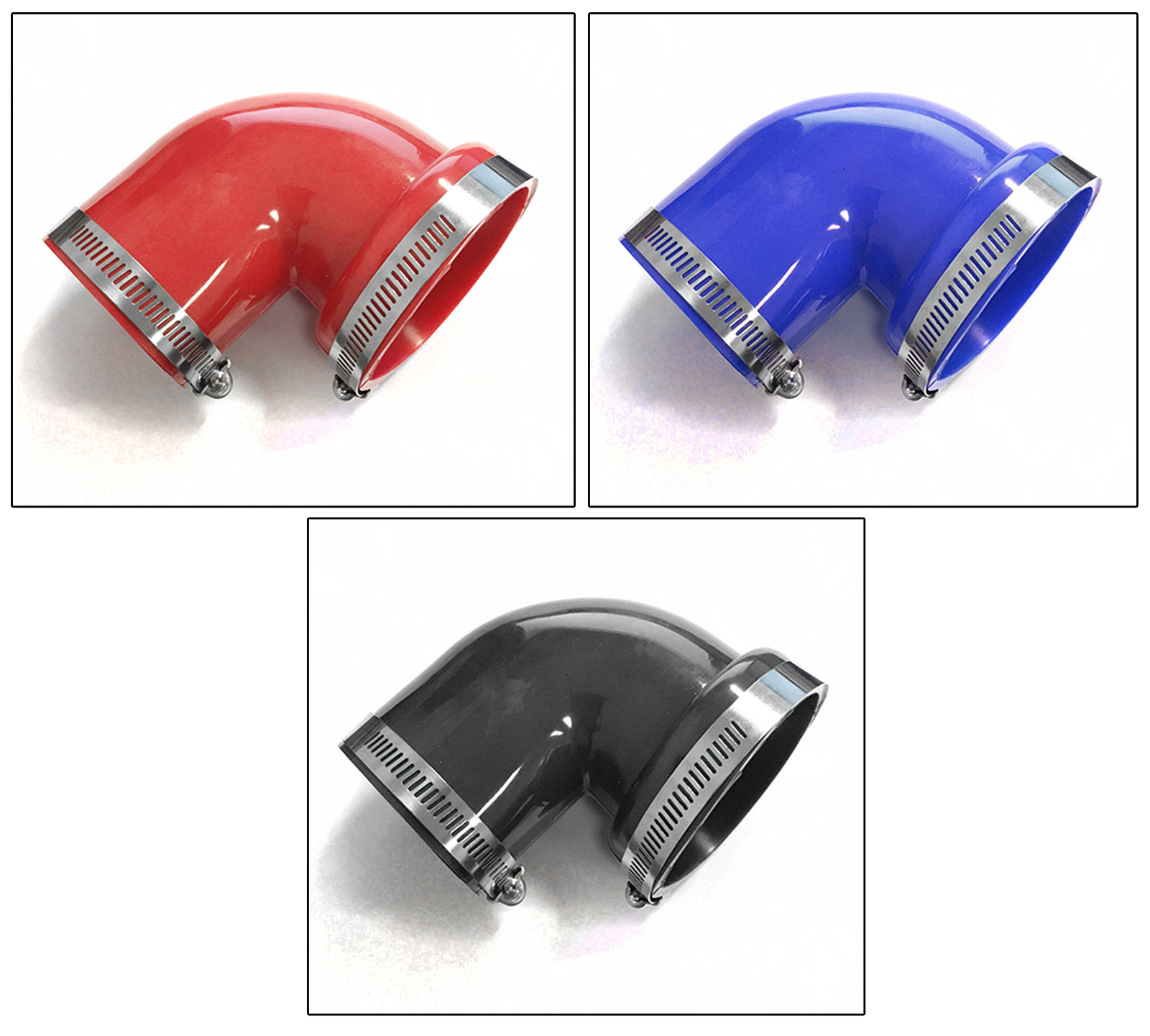 2.5-3" 90 Degree Rubber Elbow Coupler Intake Reducer + 2 Clamps Red Blue Black