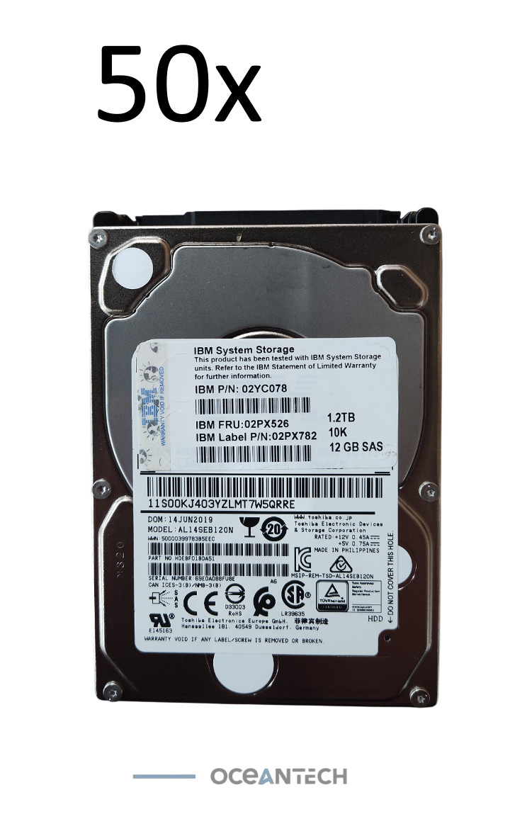 LOT  50x IBM 02PX526 / AL14SEB120N 1.2TB 10K RPM SFF 12gb SAS HDD