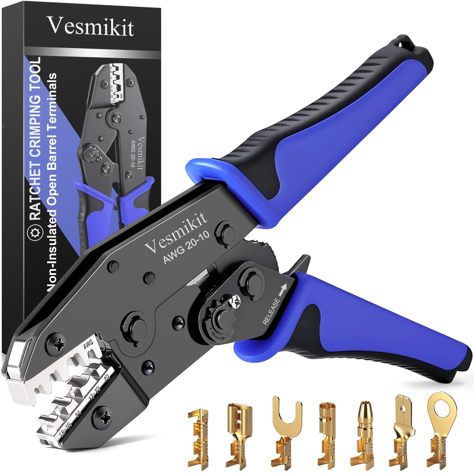 Crimping Tool for Non-Insulated Open Barrel Terminals-AWG 20-10 Ratchet Blue