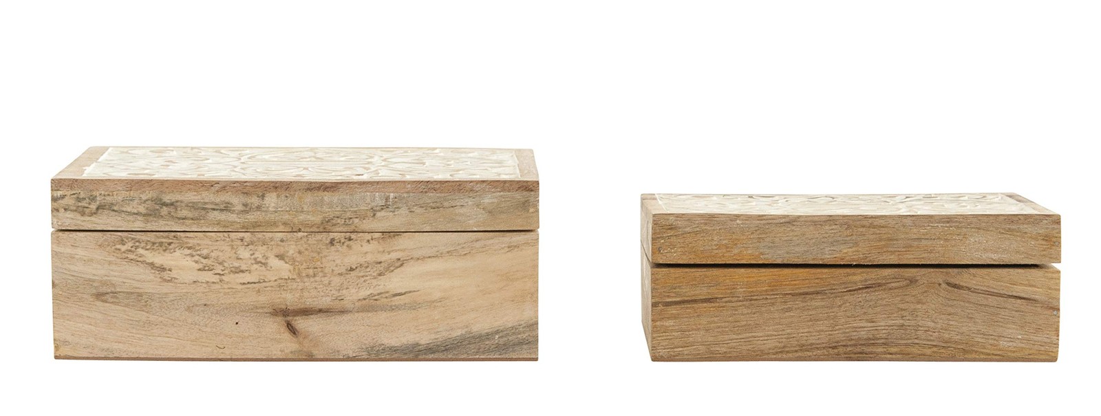 Handcarved & Whitewashed Mango Wood Boxes (Set of 2 Sizes)