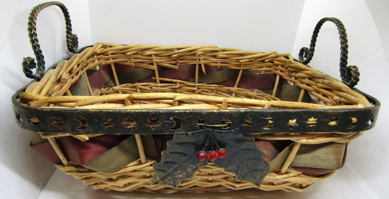 Christmas 15" X 12 Decorated Wicker Basket with Metal Accents.