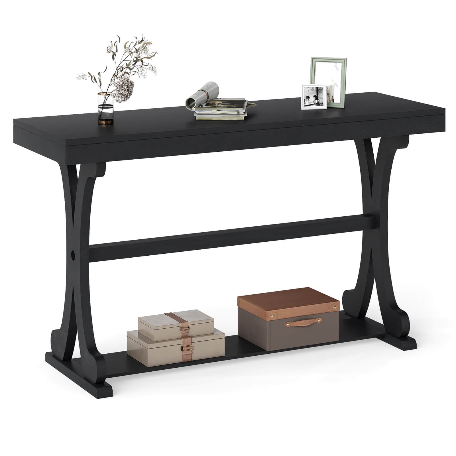 Narrow Console Table Vintage Accent Sofa Table with Open Storage Shelf Black