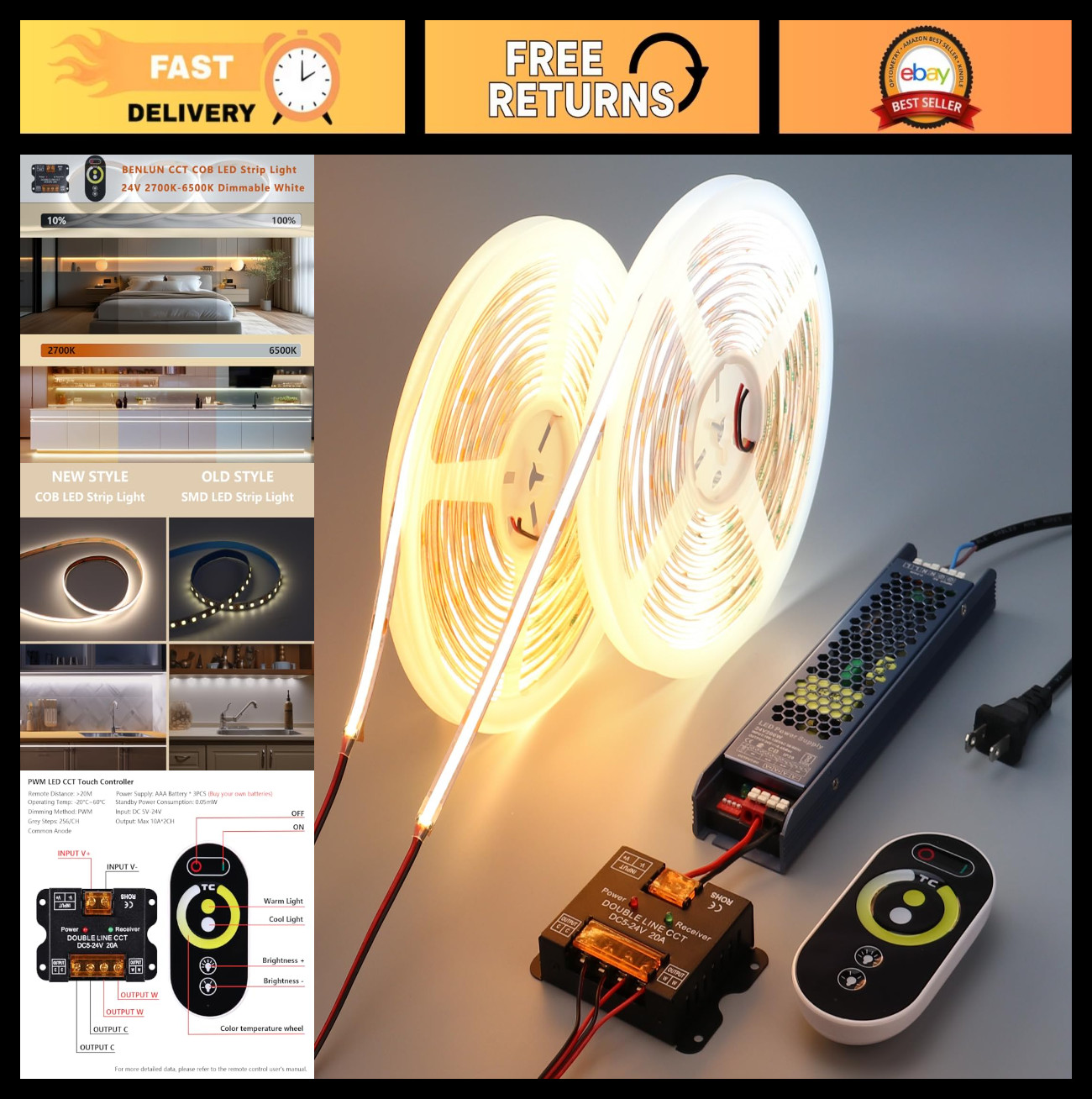 Dimmable 24V COB LED Strip Lights Kit 65.6ft, 2700K-6500K, Remote & Power Supply
