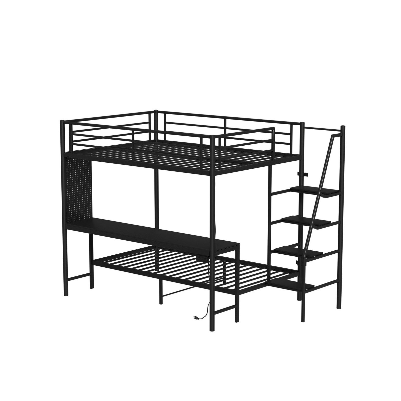 Modern Metal Bunk Bed Full Size Black Bed Frame w/LED light and Charging Socket