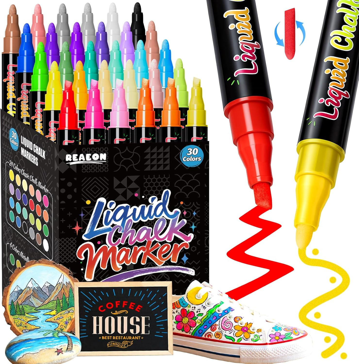 Chalk Markers, Liquid Chalk Markers with 6mm Reversible Tip, Dust-Free & Non-Tox