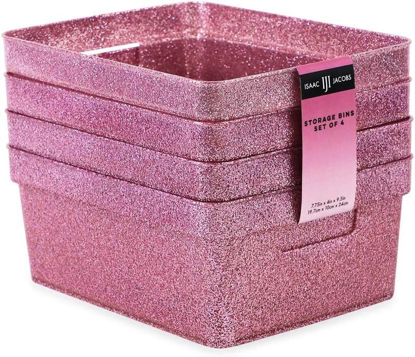 Isaac Jacobs Small Glitter Storage Bin (10” x 7.5” x 4.25”) Set Small, Pink