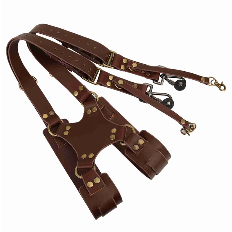Leather Dual Shoulder Camera Strap Adjustable Camera Harness Rivet Design
