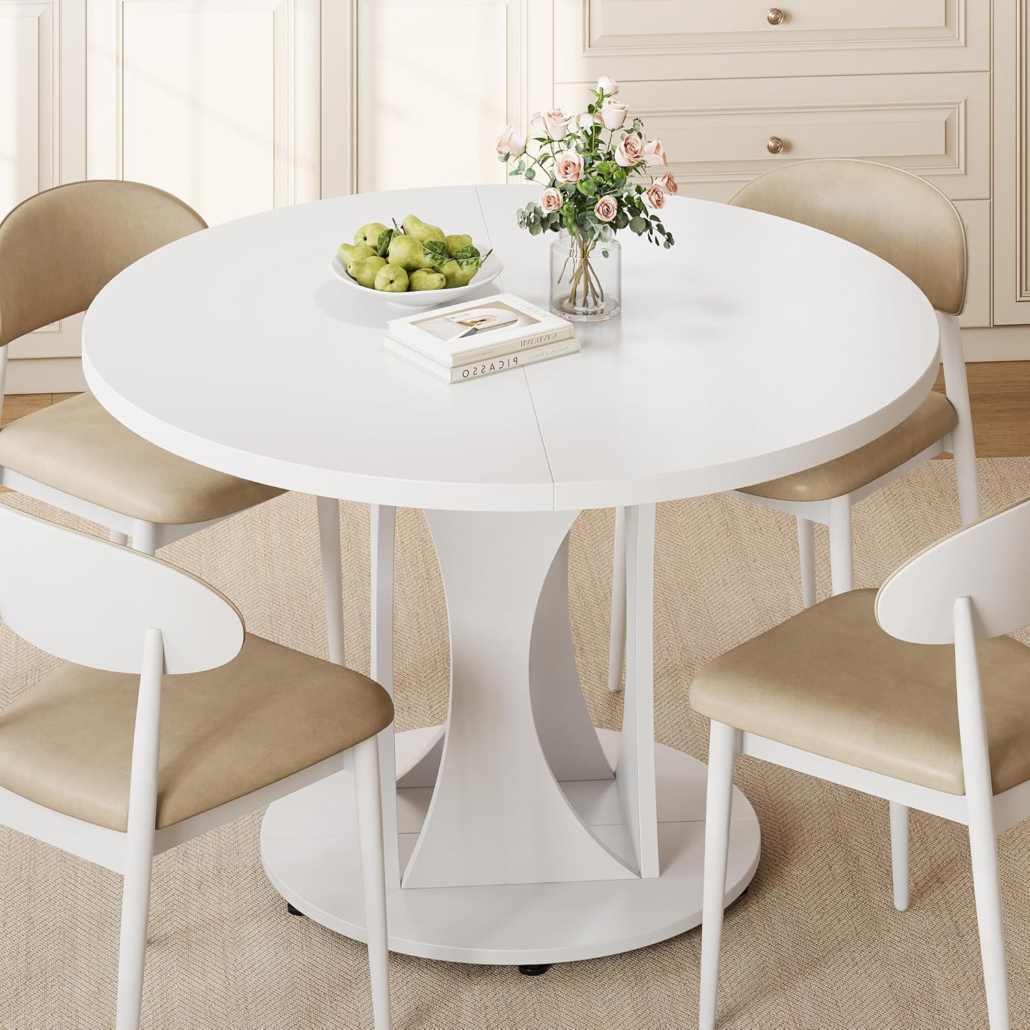 59" Extendable Round Dining Table 6-8 Kitchen Table W/ Sturdy Double Arc Base