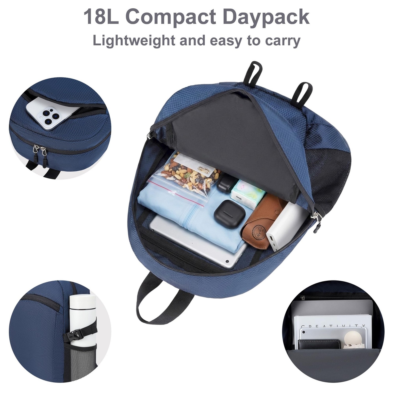 Navy Blue Lightweight Hiking Backpack 18L Packable Foldable Travel Daypack