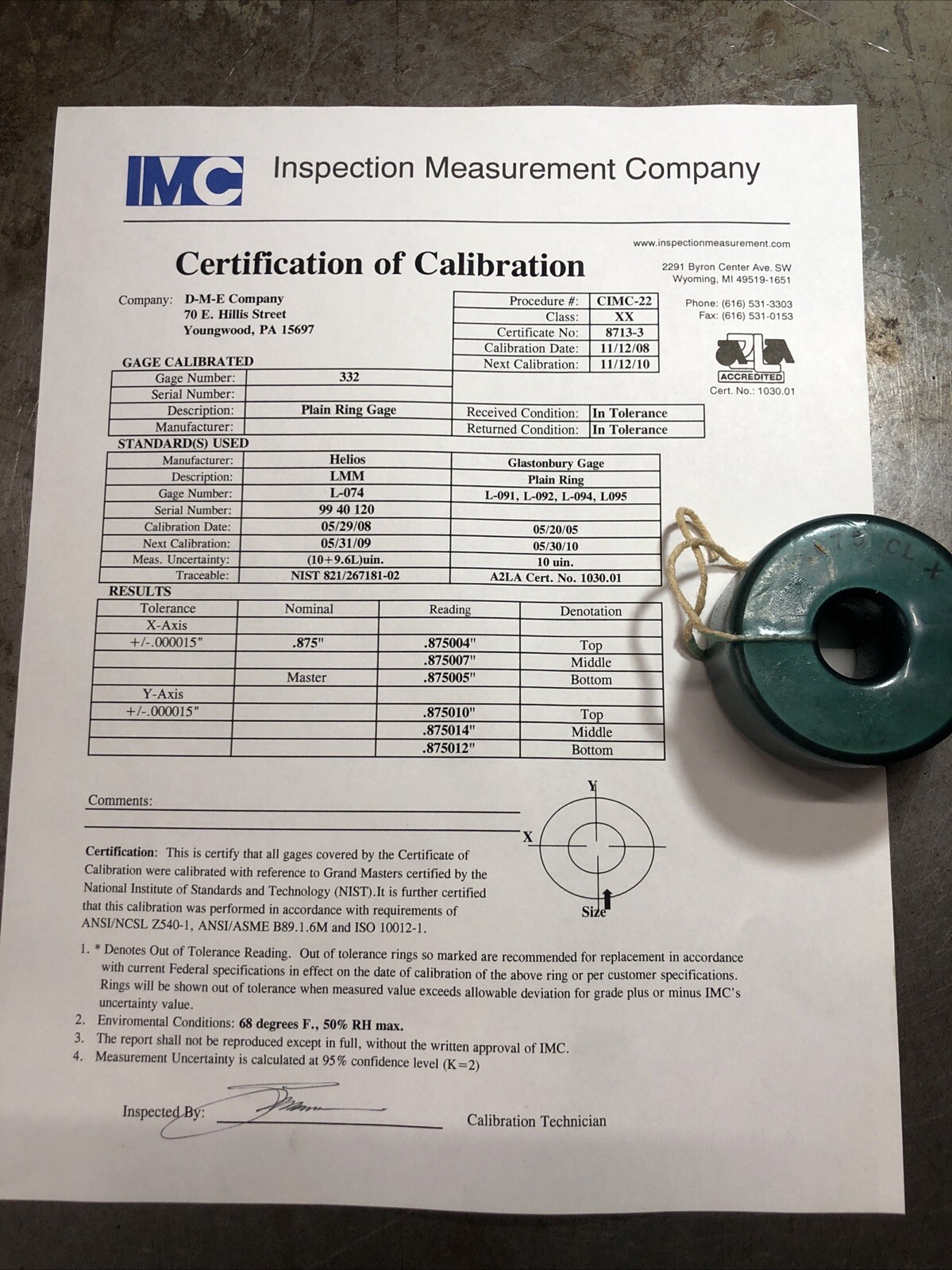 .875” Master Ring Gage Bore Setting Ring Gage Class X With Certification