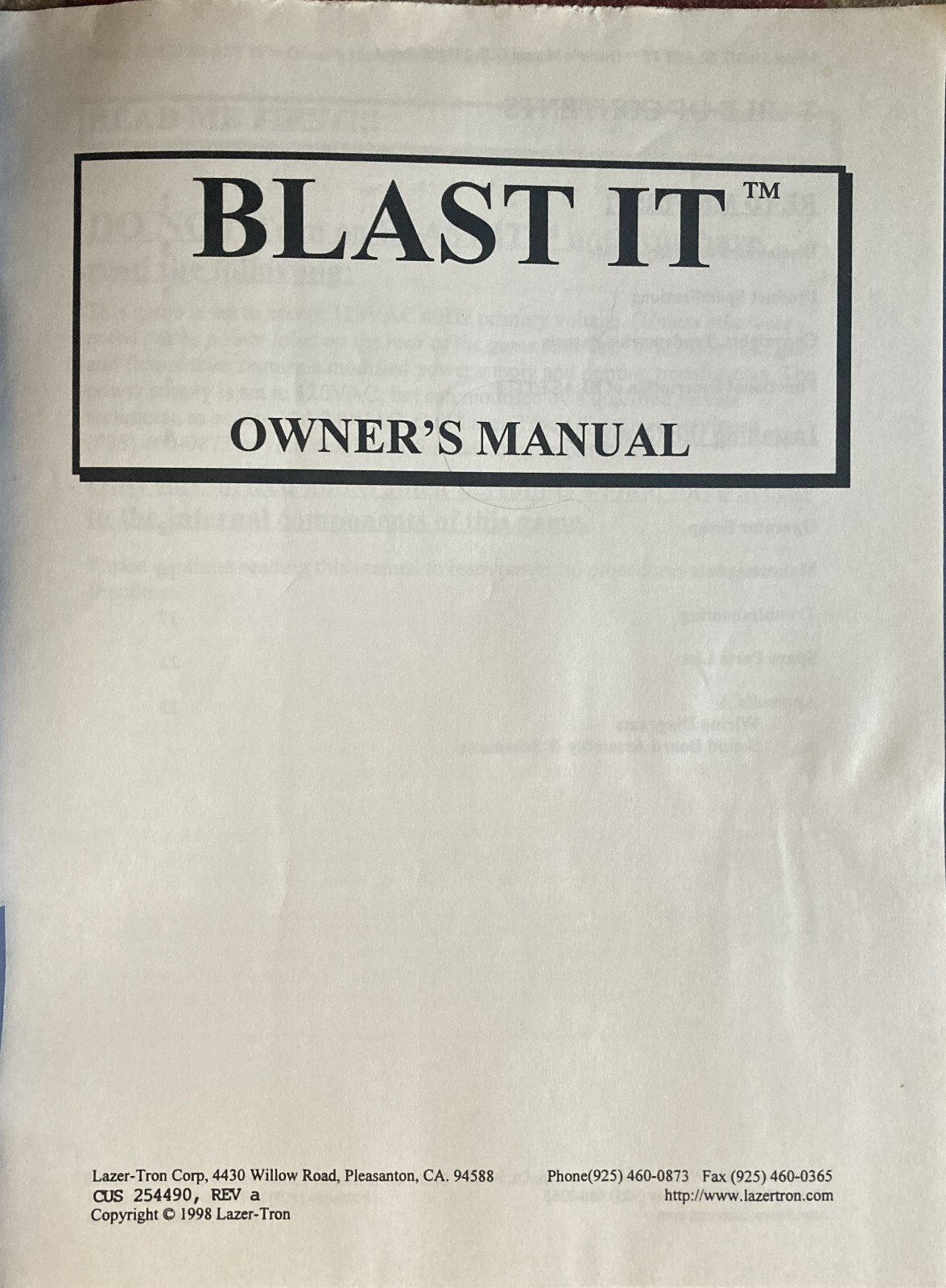 Blast It Arcade Game Manual