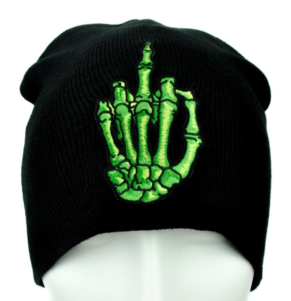 Green Skeleton Hand Middle Finger Black Beanie Knit Cap Hat Punk Emo Metal Goth