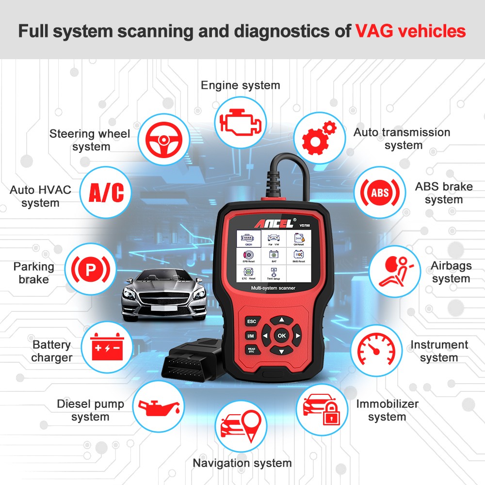 ANCEL OBD2 Sanner All System Car Diagnostic Tool ABS SRS TPMS Code Reader For VW
