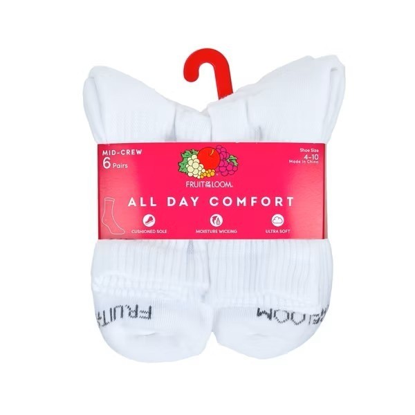Fruit of the Loom Mid-Crew Socks Womens M White NEW 7 Pair Pack Cushioned Sole
