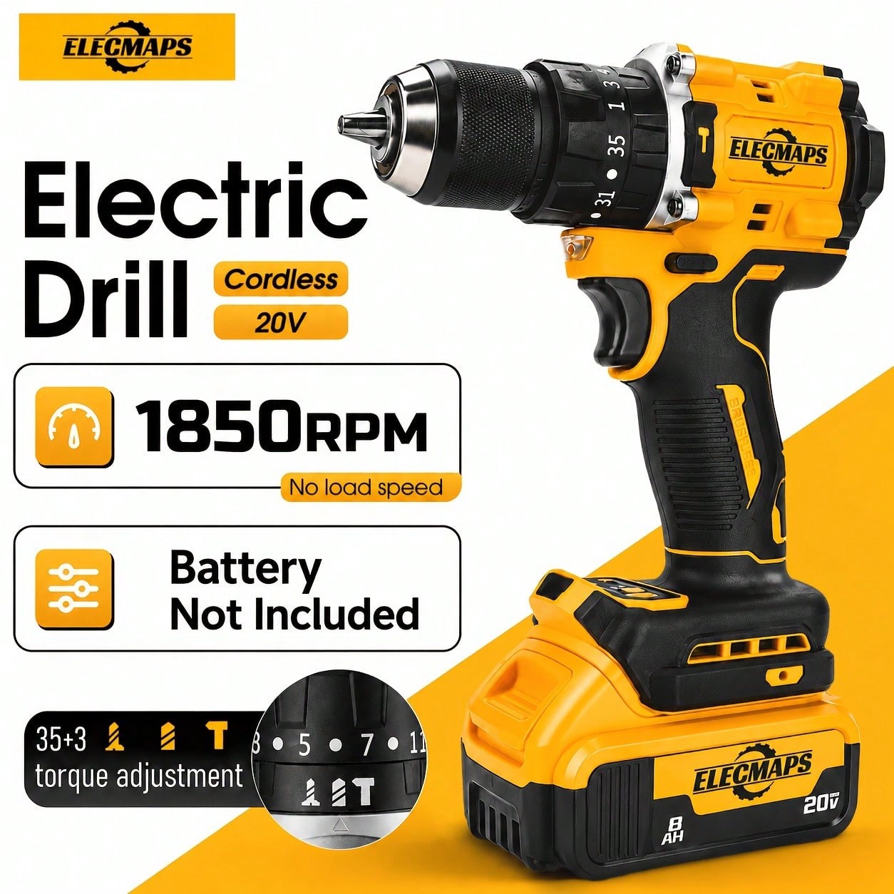 ELECMAPSBrushless cordless electric drill with dual speeds and high torque