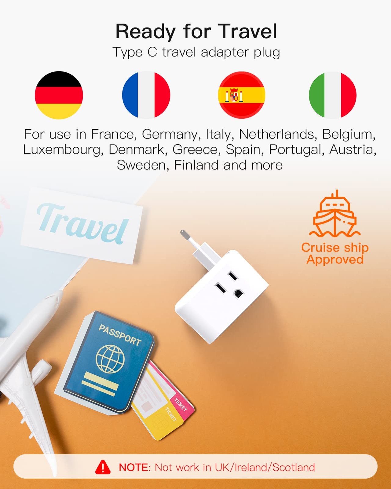 【2-Pack】 European Travel Plug Adapter, BESHON International Power Plug Adapte...