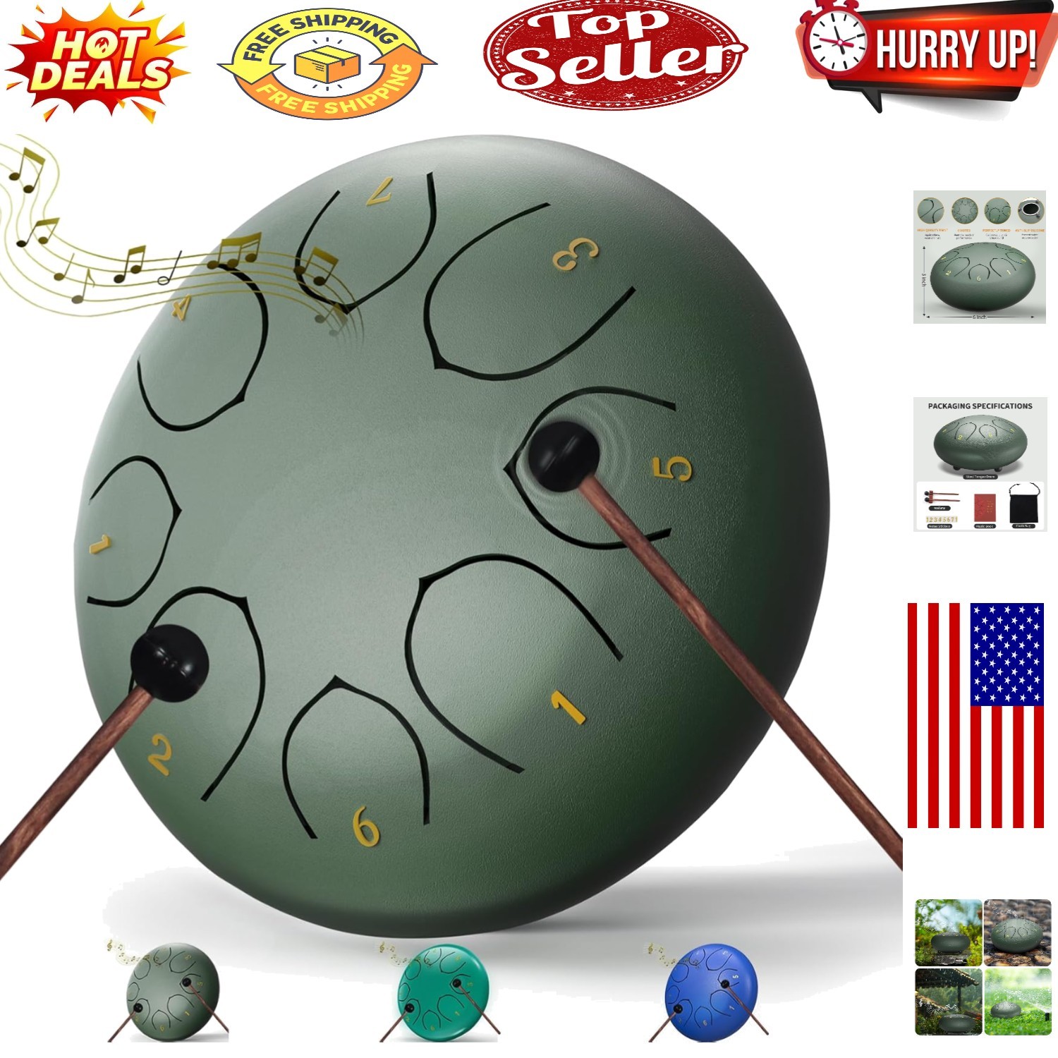 Serene Garden Rain Drum - 6-Inch Steel Tongue Chakra Instrument with Waterpro...