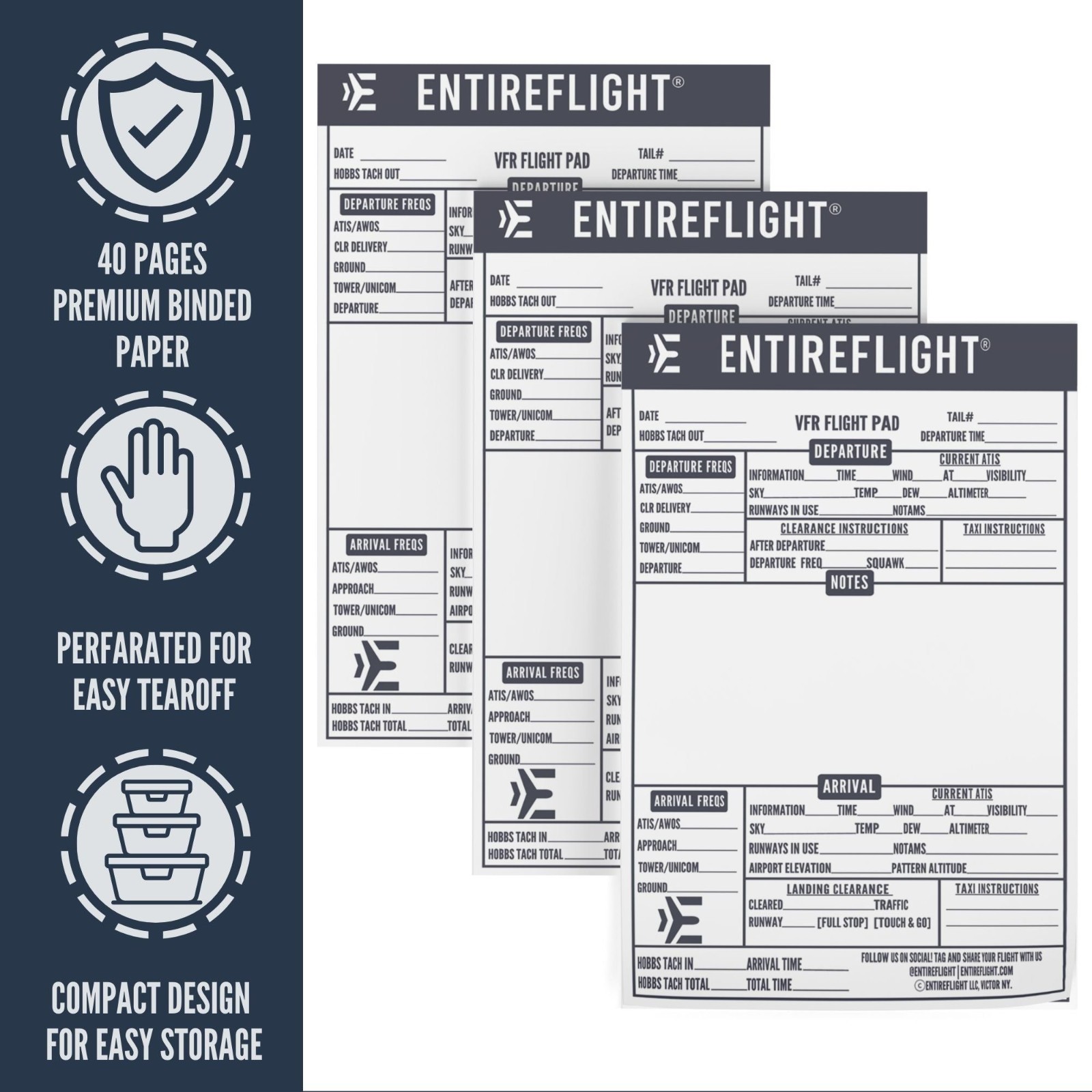 EntireFlight VFR Flight Pads For Kneeboards 3Pack Aviation Pilot Notepad Refill