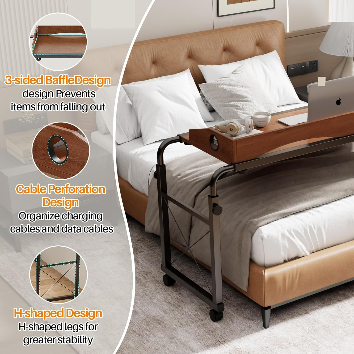 Laptop Desk for Bed, Adjustable Height & Length Laptop Bed Table,Overbed Table w