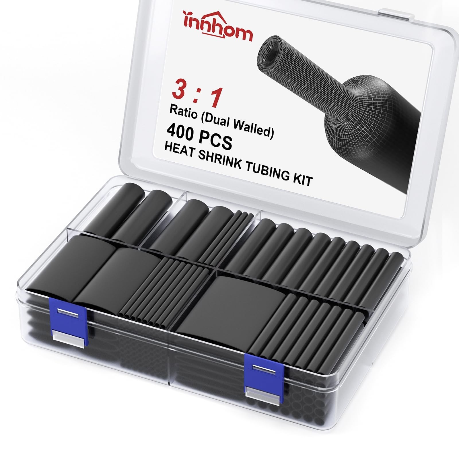 innhom 400pcs Heat Shrink Tubing Black Heat Shrink Tube Wire Shrink Wrap 3:1 ...