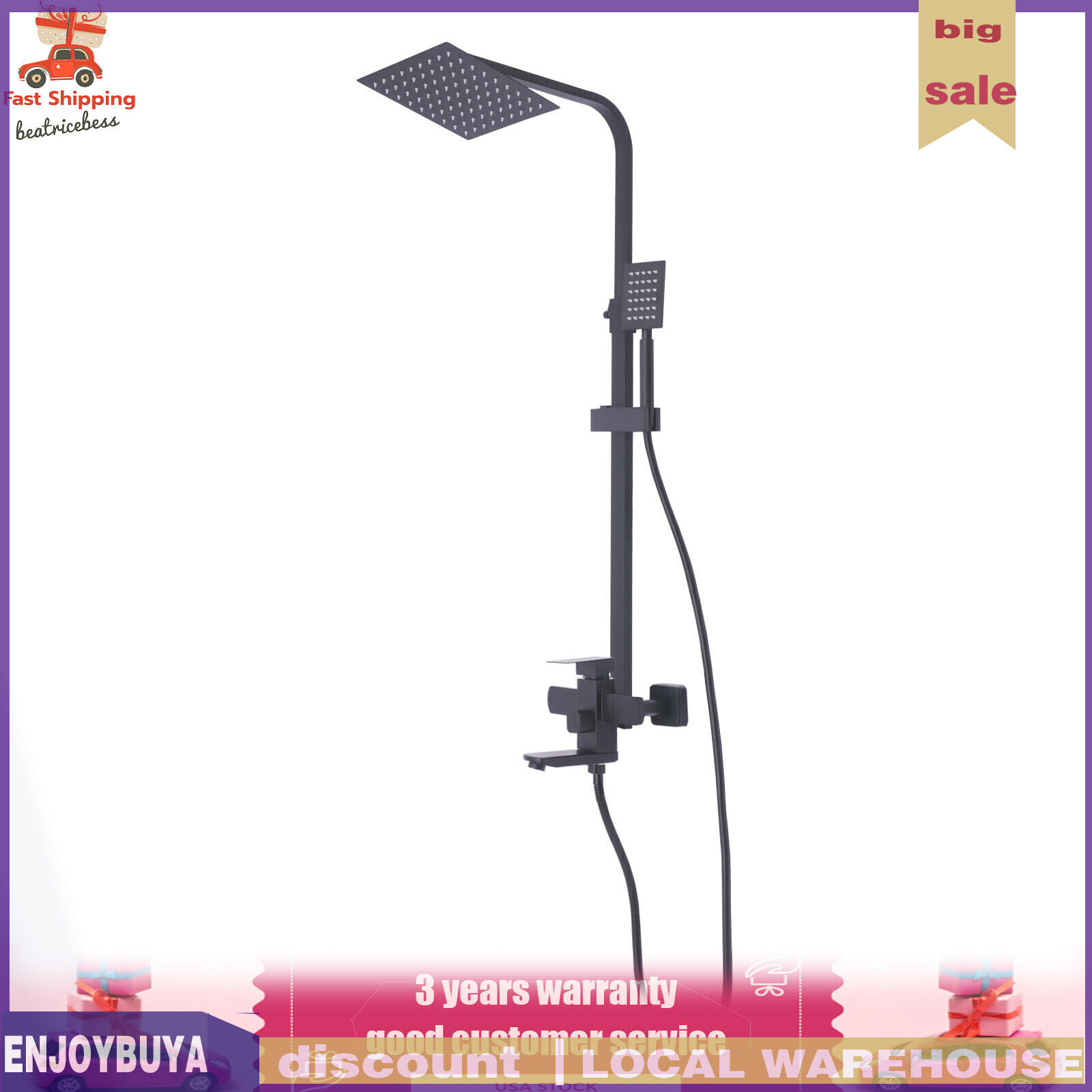 Shower Faucet Set System Rainfall Shower Head Handle Combo Kit Wall Mount Black