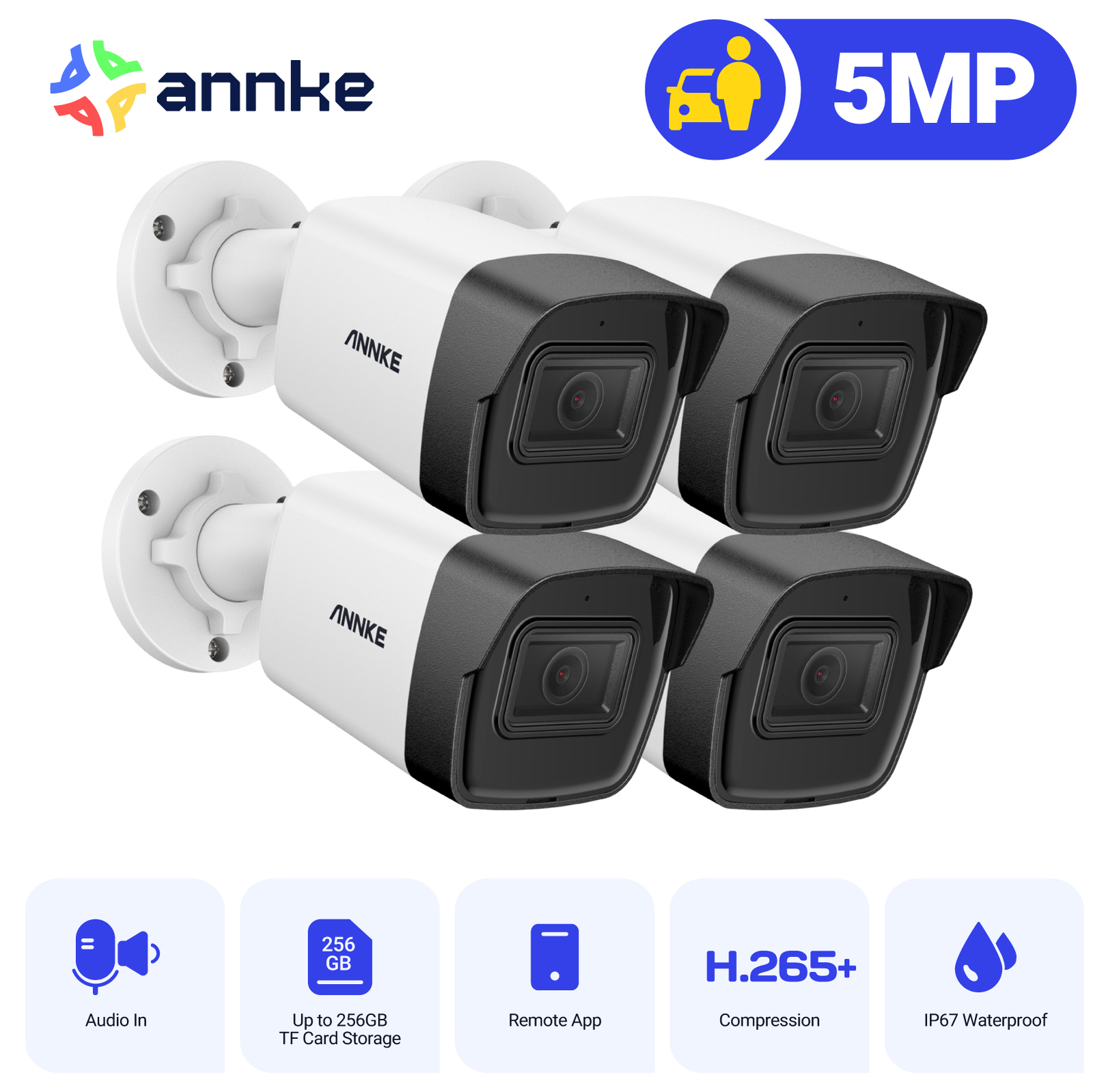 ANNKE 4pcs 5MP PoE Security IP Camera Audio Recording Outdoor Night Vision C500