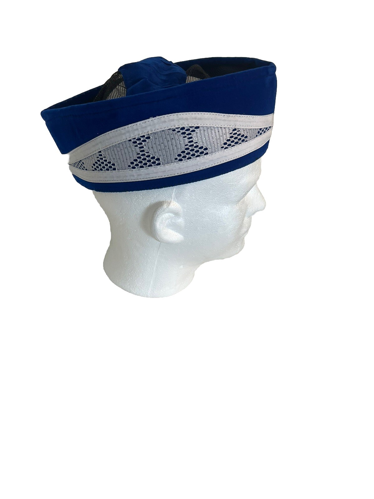 Blue / White Handmade African Traditional Velvet / Mesh Hat. One Size
