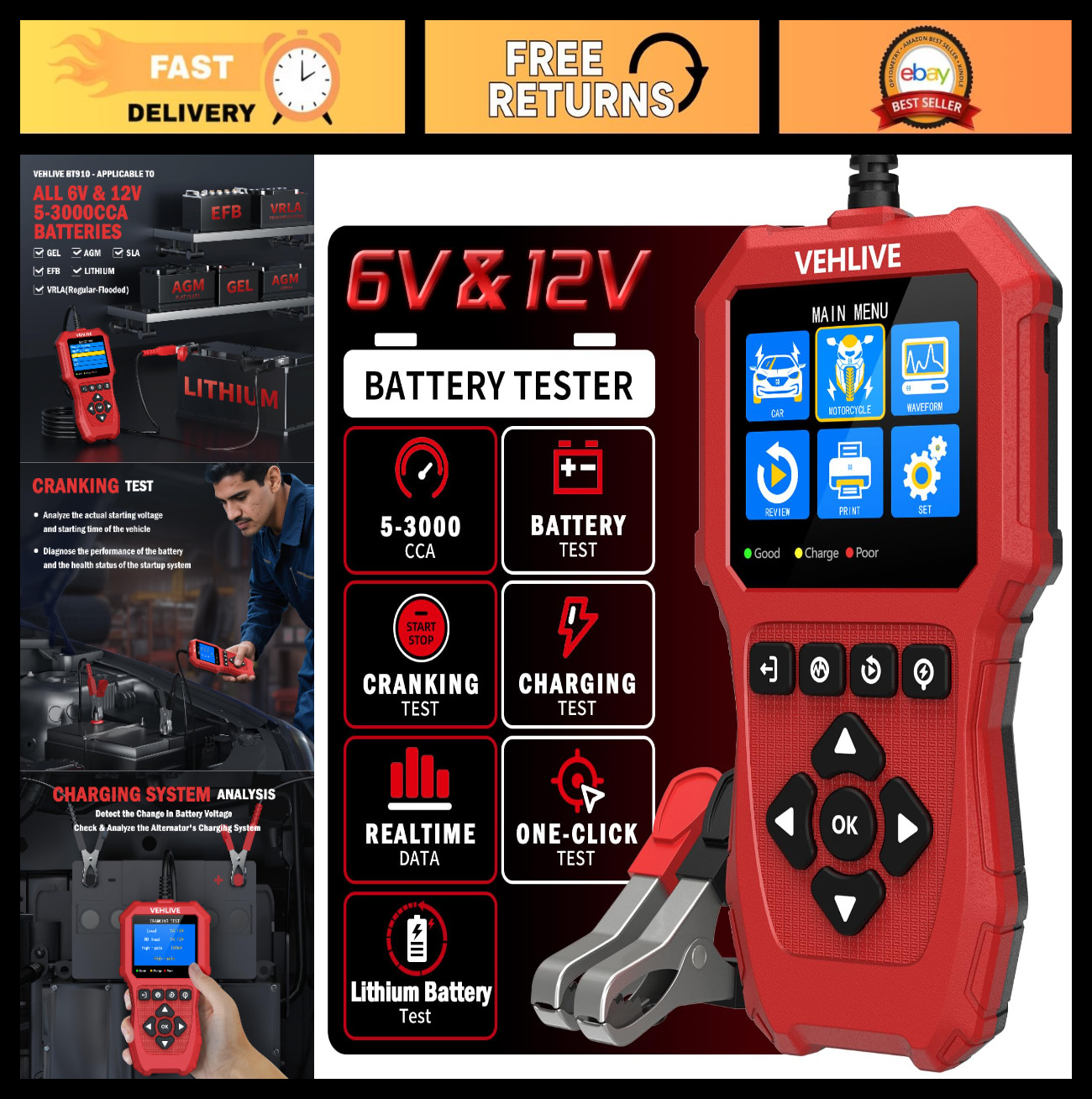 Car Battery Tester 6V 12V, Load Tester for Lithium, Automotive Alternator & Cran