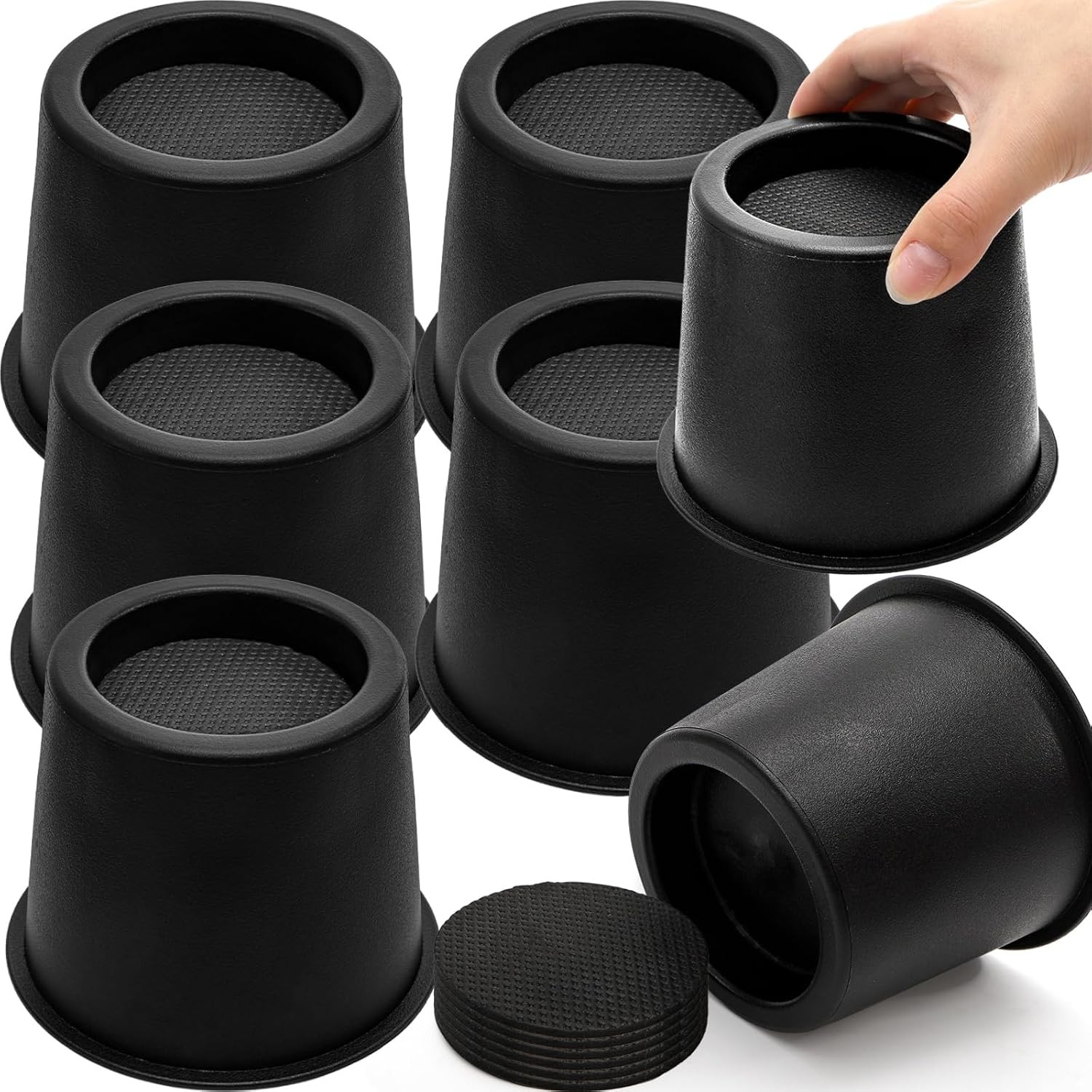 6 Pack Round Bed Risers 4 Inch Furniture Raising Blocks Black Lifts W/ Non-Slip