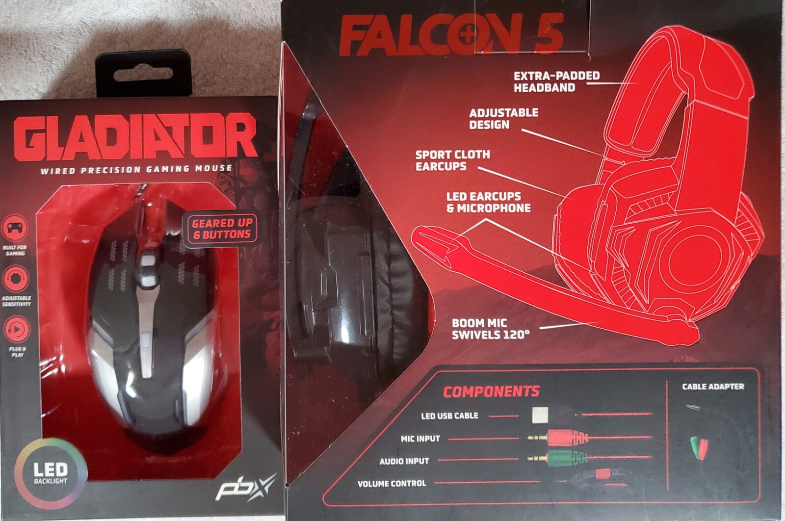 PBX Falcon 5 Elite Gaming Headset and Gladiator Wired Gaming Mouse Set