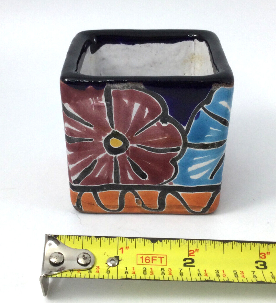 Small Ceramic Planter Hand Painted Flowers Mexico 2.5"