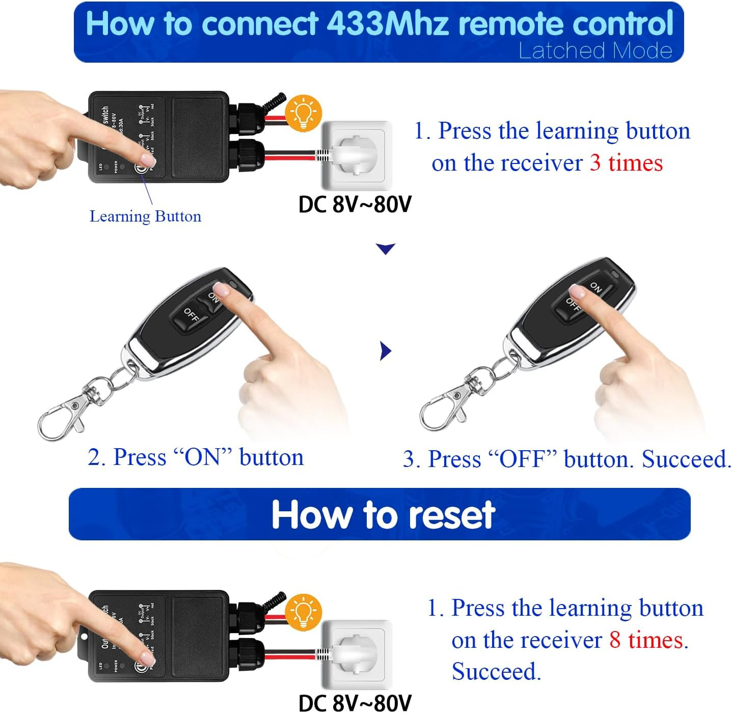 Waterproof 12V Wireless Remote Control Switch DC 8V-80V Heavy-Duty 30A