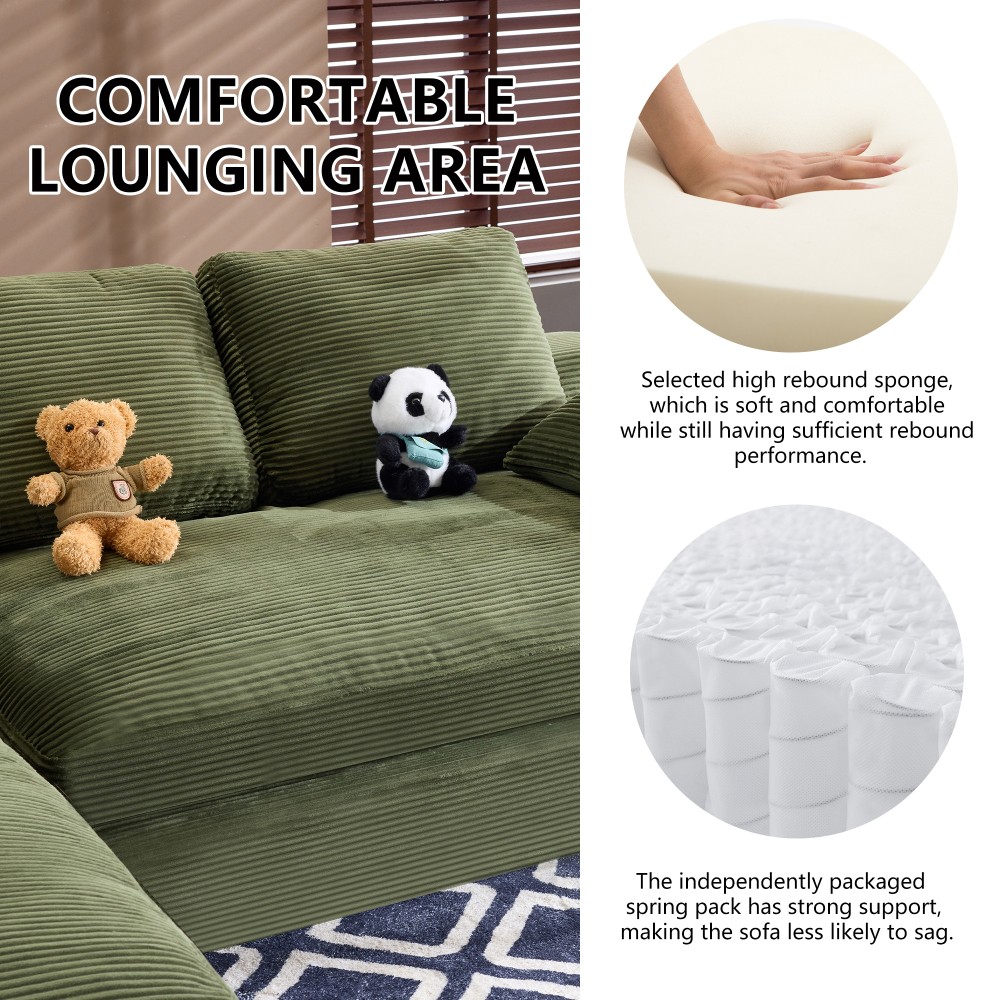 Green Corduroy Sofa w/ Back Cushions & Throw Pillows, Medium-Soft Foam Seat