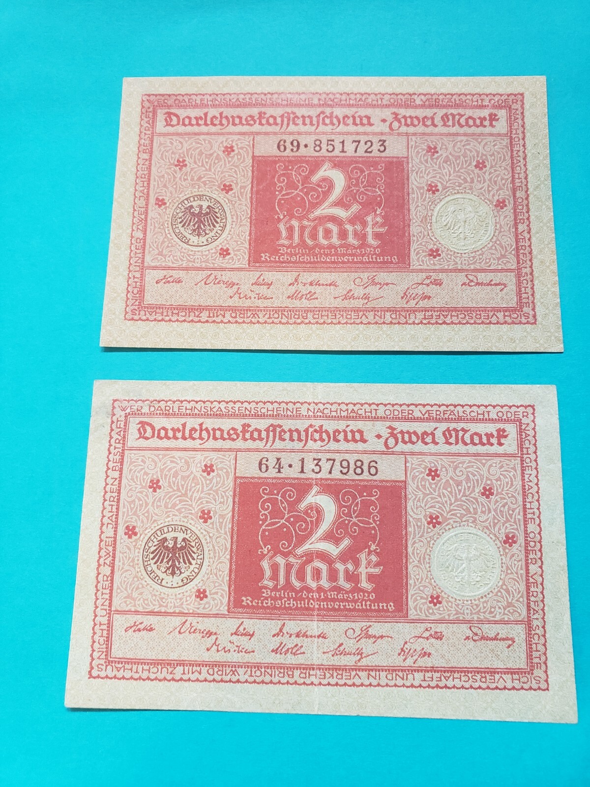 1920 German 2 Mark Banknotes CU and XF